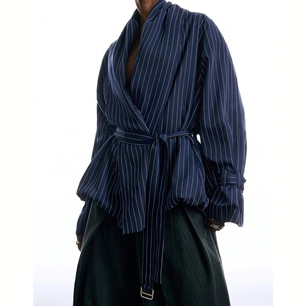 Navy Pinstripe Belted Shawl Collar Oversized Wrap Jacket